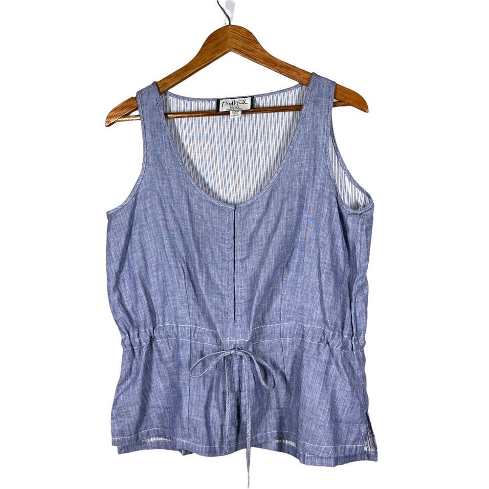 Mary McFadden Petite Womens Sz PL Blue Poplin Sleeveless Top Drawstring Waist